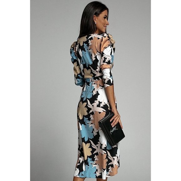 Blue Floral Print Long Sleeve V-Neck Wrap Midi Dress - Picture 3 of 7